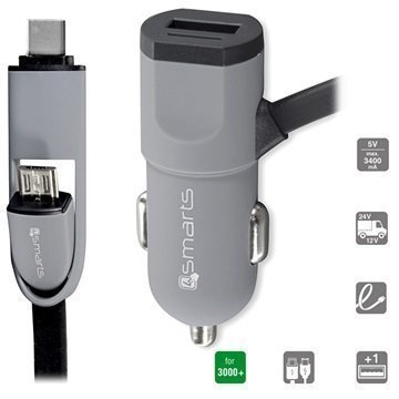 4smarts MultiCord 2-in-1 USB-C / MicroUSB Autolaturi Harmaa / Musta